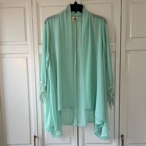 Francesca’s Chic Mint Green Cardigan with Lace Accents medium